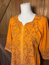 Handmade Orange Silk Embroidered Tunic Kurta  Boho Floral Artisan Top  Vintage