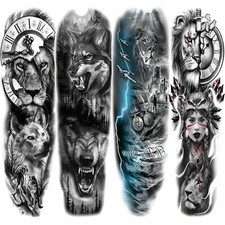 Lion Wolf Temporary Tattoo Sleeve, Large Full Arm Animal Tribal Fake Tattoos Sle