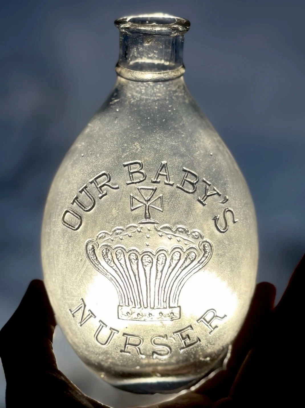 CROWN BABY NURSER BOTTLE - Antique Embossed Victorian Baby food Monogram