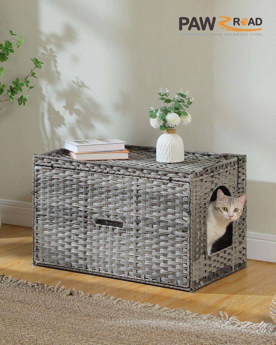 PAWZ Road Rattan Cat Litter Box Enclosure with Tall Doorway & Mat