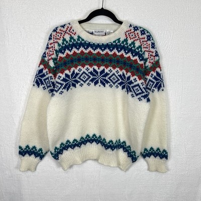 Vtg Brian MacNeil Sportswear Sweater Mens L White Blue Fair Isle Ski Grandpa Dad