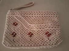 Macrame NWOT Vintage Zip Ivory Clutch with Wooden Beads Front Pocket 11"x7"x1"