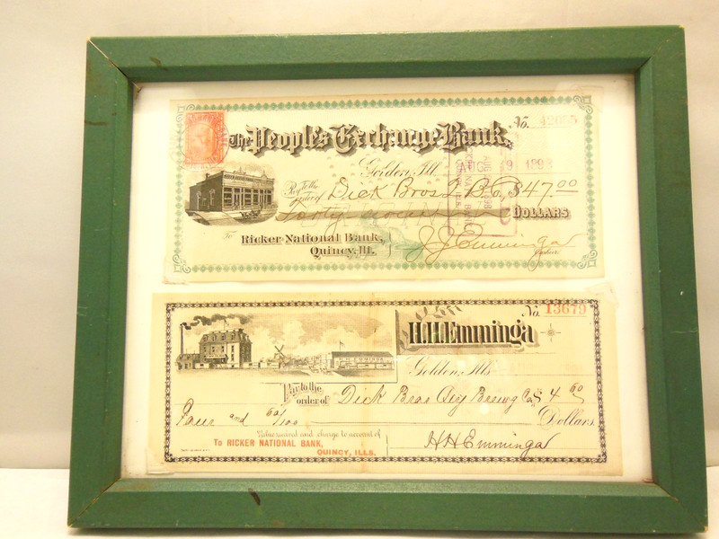 2 ANTIQUE 1890's DICK BROS QUINCY BREWING CANCELLED CHECKS QUINCY ILLS. FRAMED
