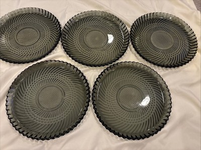 Vintage Libbey Smokey Gray Swirl Diamond Glass 10  Dinner Plates Set of 5
