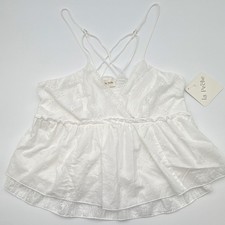 la Peche White Cotton Eyelet Lace Trim Smocked Cami Top Adjustable Straps XL