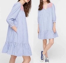 J.Crew Leda Embroidered Blue White Stripe Popover A-Line Dress Size L New NWT
