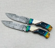 2 Pcs Gorgeous custom handmade damascus steel hunting Bowie knife with sheaths