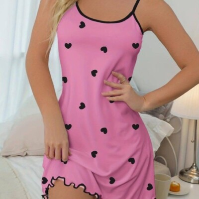 Women's Milk Silk Soft Chemise Heart Print Dress Adjustable Straps Nightwear