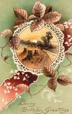 1909 Loving Birthday Greetings Floral and Sunset Scene Vintage Postcard