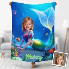 Personalized Mermaid Princess Blanket, Custom Photo Blanket, Christmas Gift