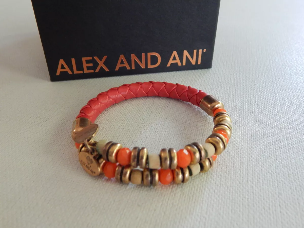 Alex and Ani Vintage Sixty Six Gold Orange Leather Bead Wrap