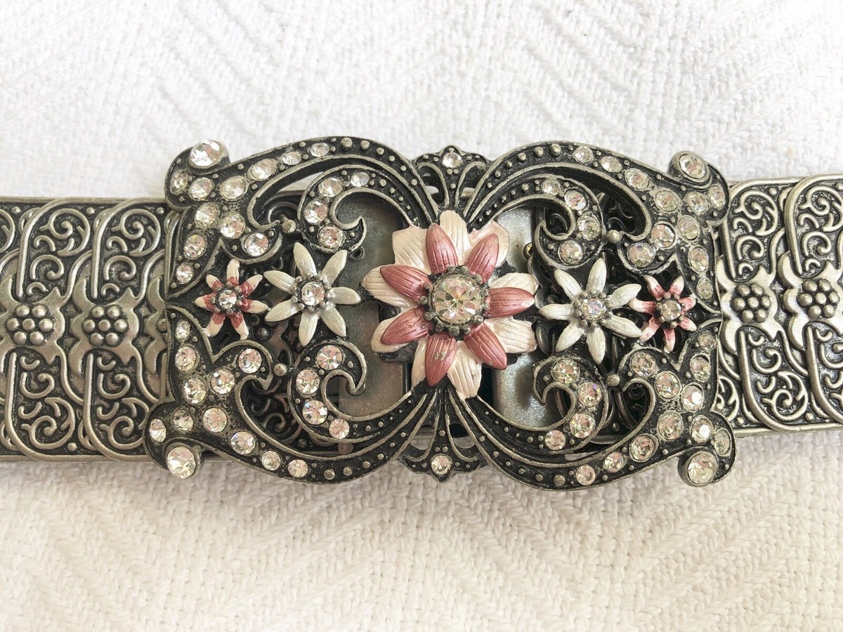 Elasticized Silver Belt With Large Floral And Rhinestone 