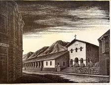 Friedolin Kessler Linocut 1940 San Luis Obispo Mission, California Signed