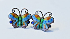 Chinese Cloisonne Enamel Brass Butterfly Earrings Stud Backs Vintage 1930s