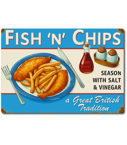 Fish and Chips Metal Tin Sign 8x12 Retro Vintage British Pub Kitchen Wall Decor