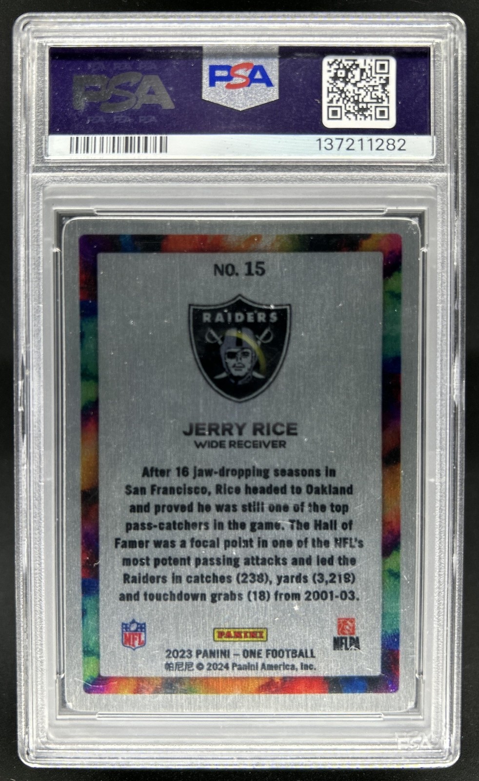 2023 Panini One Jerry Rice Color Blast #15 Raiders PSA 9 view 2