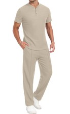 Men's Short Sleeve Outfits Waffle Knit Henley Shirt and Pants Set Casual 2 Pi...