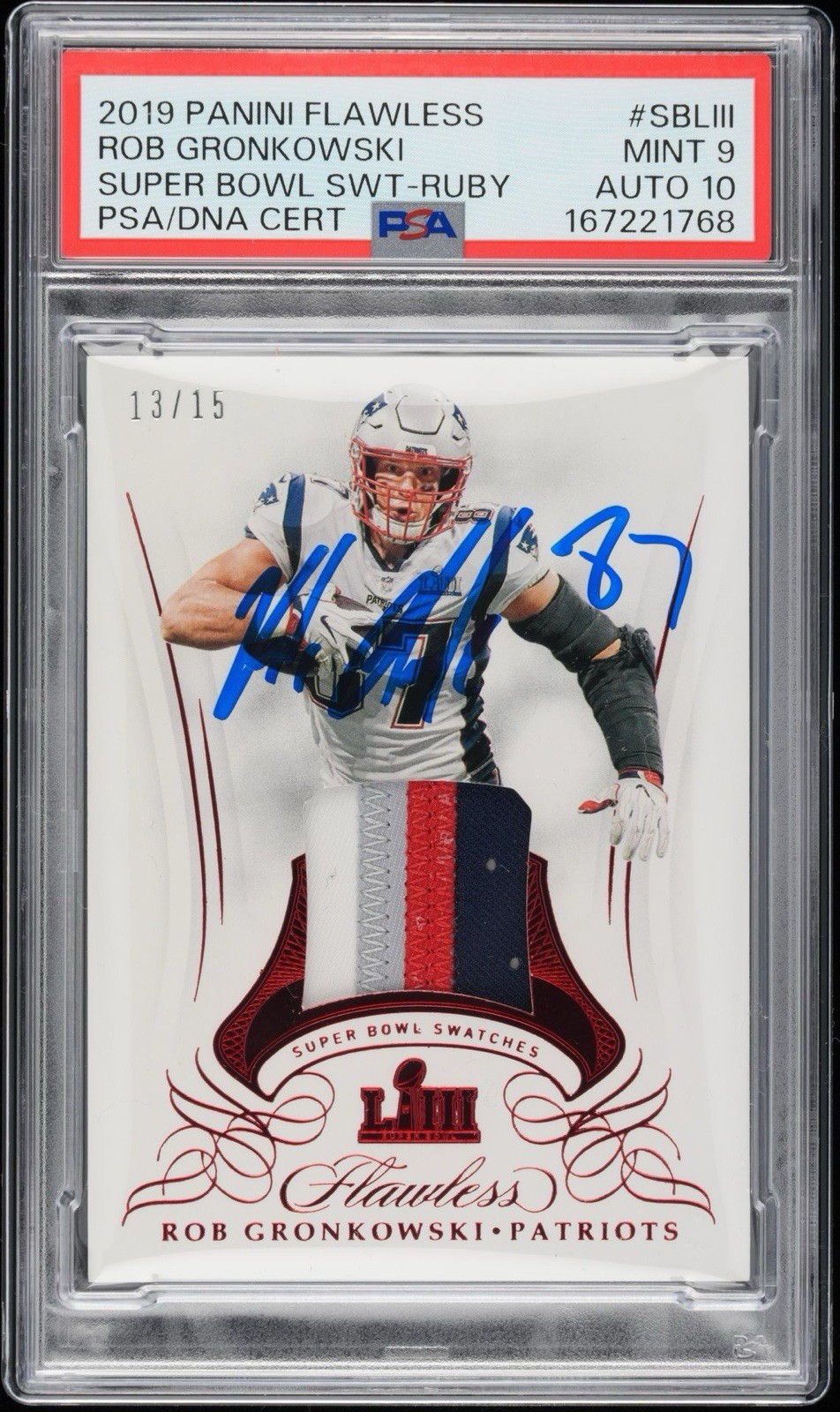 2019 Flawless Super Bowl Swatches Rob Gronkowski #SBLIII Ruby /15 PSA 9 10 Auto view 3