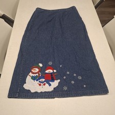 Vintage Maxi Denim Skirt Snowman Embroidered