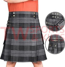 Men's Grey Watch Tartan Utility Kilt With With Two Side One Back Cargo Pockets