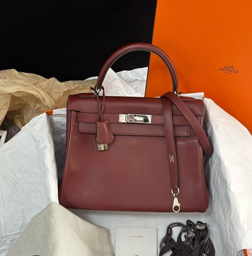 AUTH Hermès Kelly 28 Rouge H Evercolor Leather Palladium Hardware Top Handle Bag
