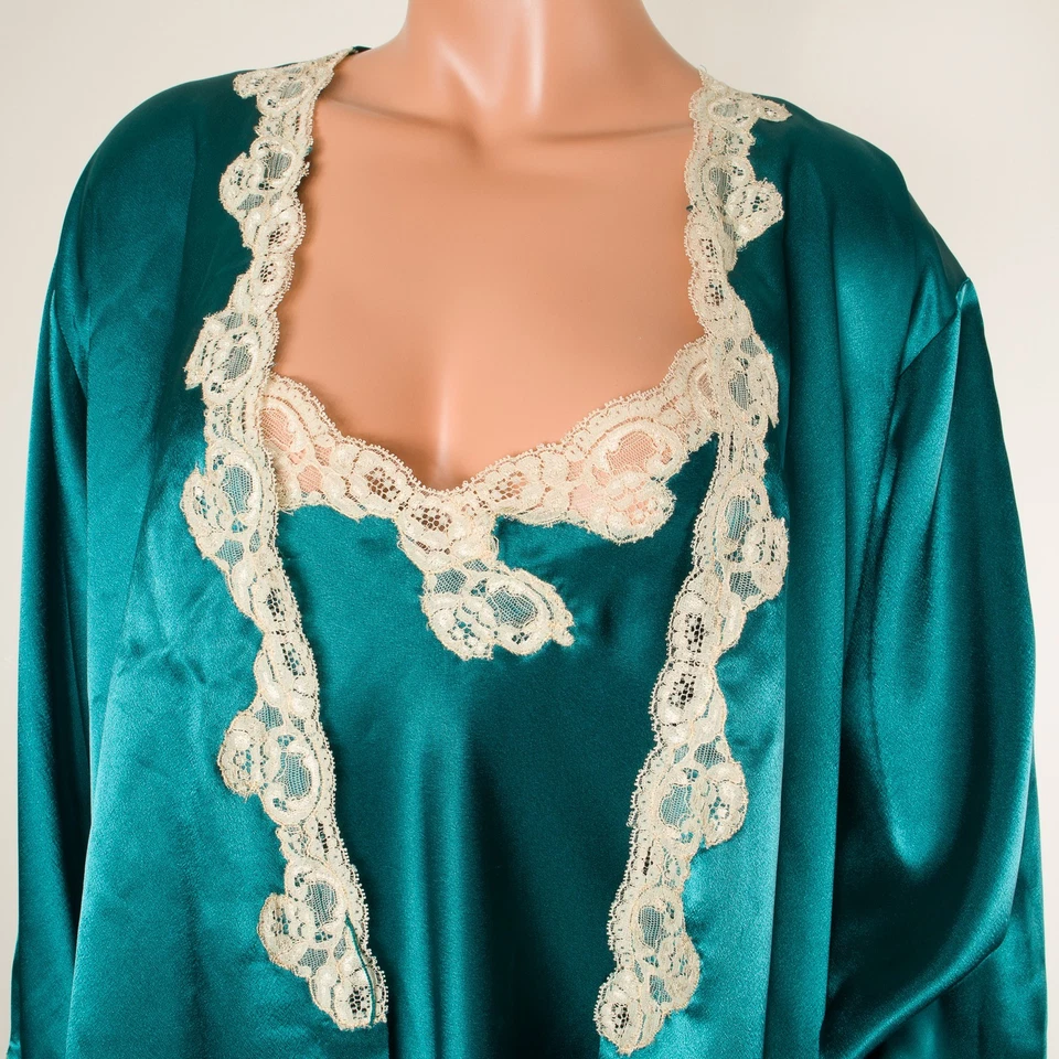 💖 Conjunto de vestido bata verde esmeralda OSCAR DE LA RENTA satinado brillante XL bolsillos encaje Foto 3 de 4