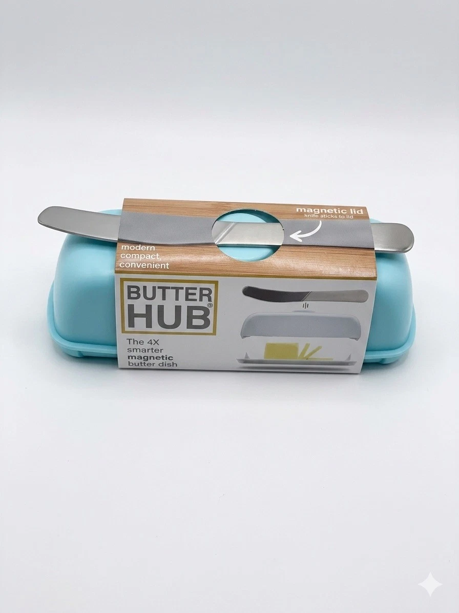 Butter Hub Butter Dish w/ Lid & Knife, Magnetic Keeper, Easy Scoop, Aqua