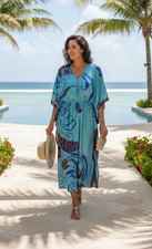 Maxi Kaftan For Women Azure Blue Floral Boho Hippie Gypsy Coverup Dress L-2X