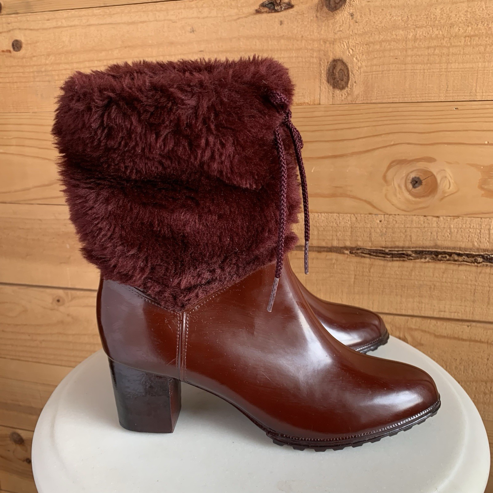 VTG 70s USA Moulded Construction Faux Fur HEEL Maroon Fall Boots RETRO Size 8