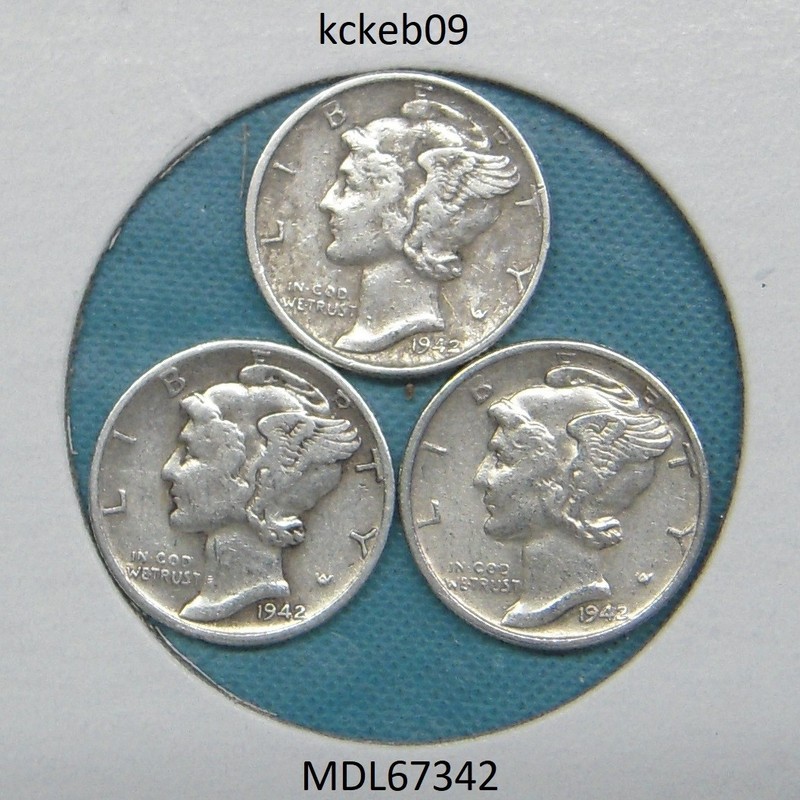 Mercury dime lot of 3, 1942-D, 1942-P, 1942-S.  90% silver coins