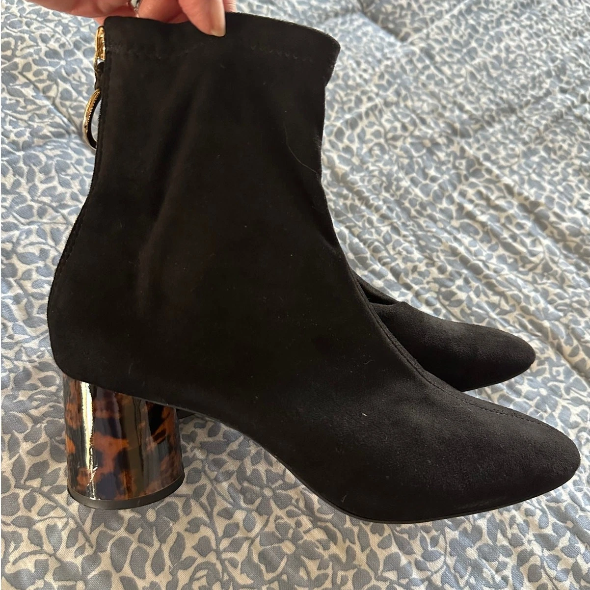 Zara Tortoise Heel Black Sock Ankle Boots Round Toe Size 7