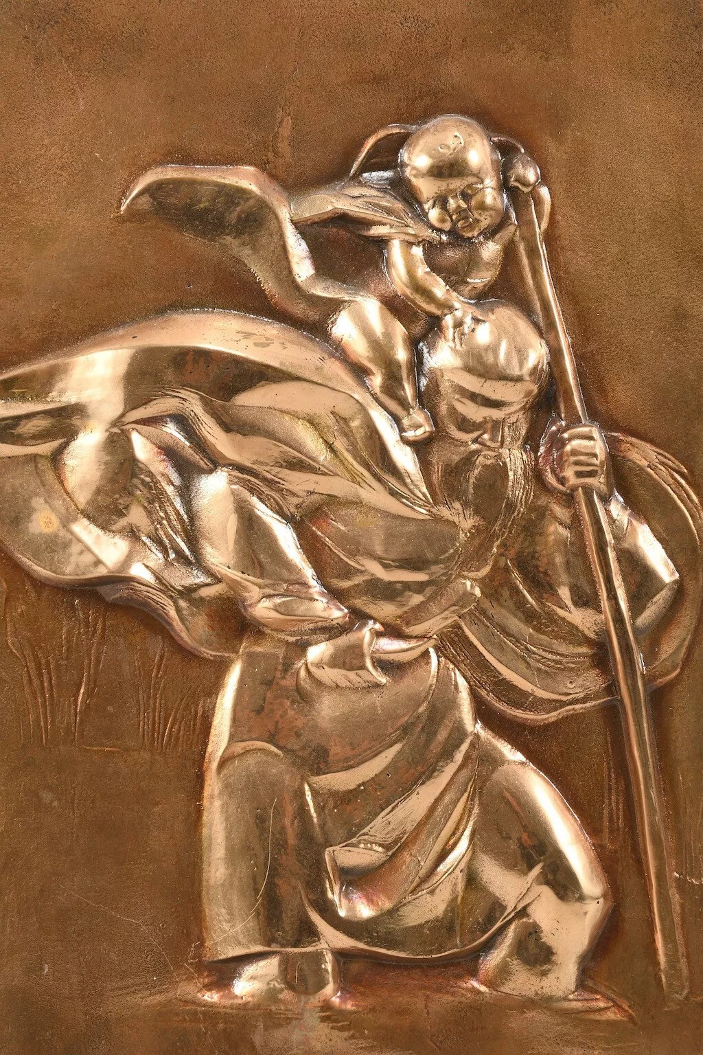 Heiliger Christopherus, Massives Art Deco Bronze Relief, 31cm
