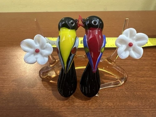 Vintage Murano Blown Art Glass Love Birds on Branch With Flowers