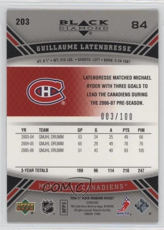 2006-07 Upper Deck Black Diamond Gems Ruby /100 Guillaume Latendresse Rookie RC - Image 2 of 2