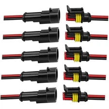 Car Waterproof Electrical Connector, 2 Pin Connector, 16 AWG 2 Wire 5Pcs