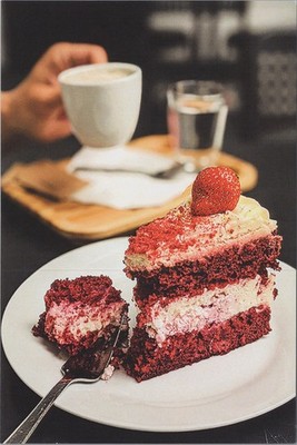 Red Velvet Cake & Coffee Cup Water Fork Image Card 4x6 New Blank Back