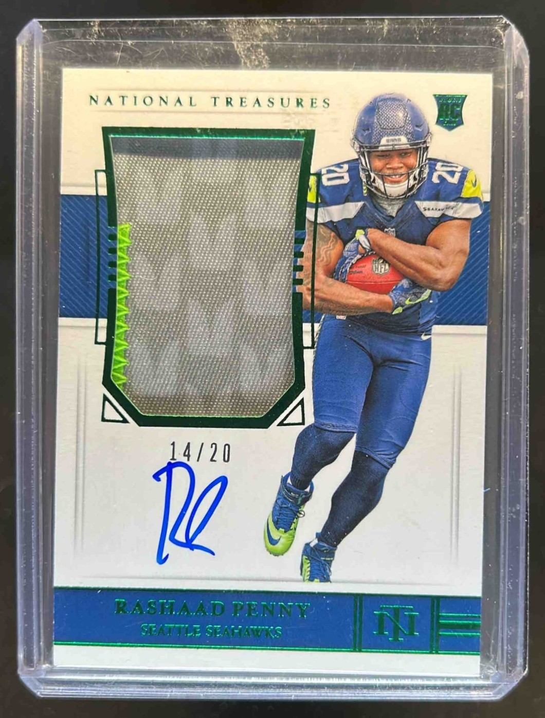 2018 National Treasures Rashaad Penny Rookie Patch Auto Green Jersey RC #14/20