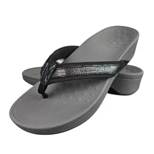 Vionic High Tide Foil Flip Flop Thong Sandals TVW4895 Black Silver Sz 8
