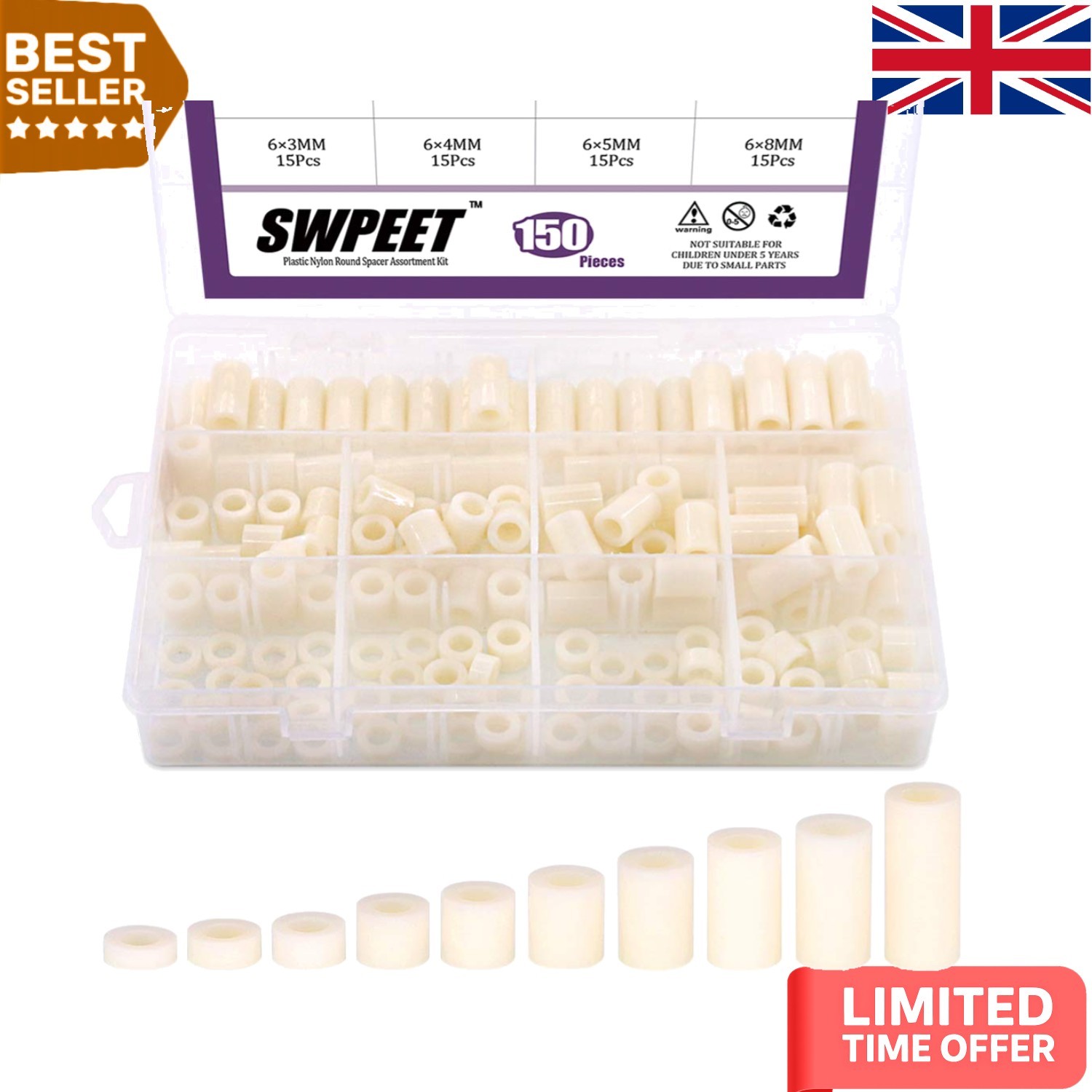 150Pcs Nylon Round Spacer Standoff Kit for M6 Screws - 10 Sizes Included