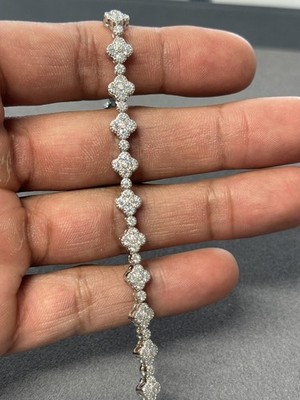 925 Sterling Silver Rhodium Plated VVS Moissanite Clover Iced Bracelet 7 Inches