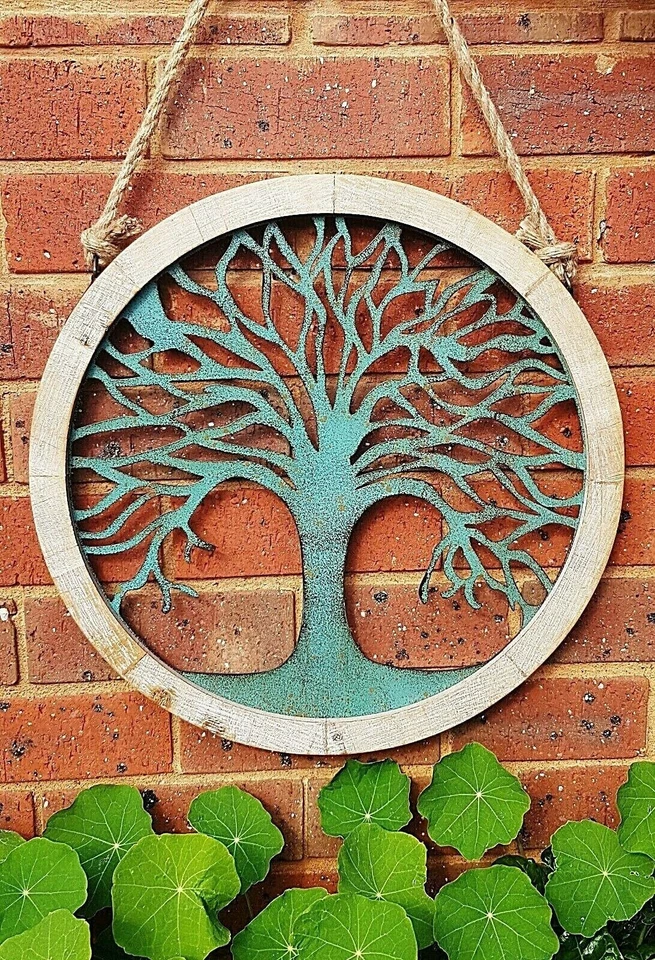 French Rustic 50cm Tree of Life Round Metal & Wooden Wall Garden Art Sculpture - image 3 of 3