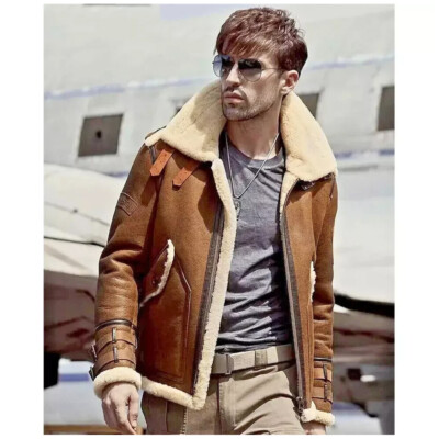 Brown RAF Aviator B3 Bomber Jacket Men's Real Sheepskin Fur Shearling  Coat