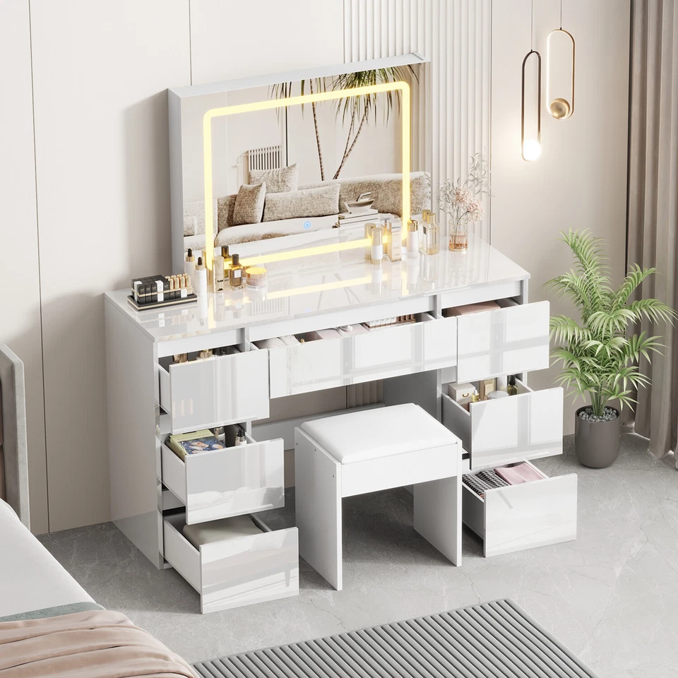 White Dressing Table High Gloss Vanity Makeup Desk 7 Drawers& Stool& LED Mirror - Image 3 of 4