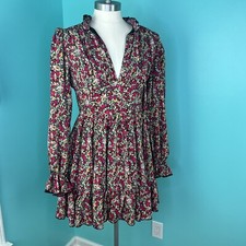 Shein Dress Women M Multicolor V-Neck Sleeve Floral High Waist Babydoll EUC