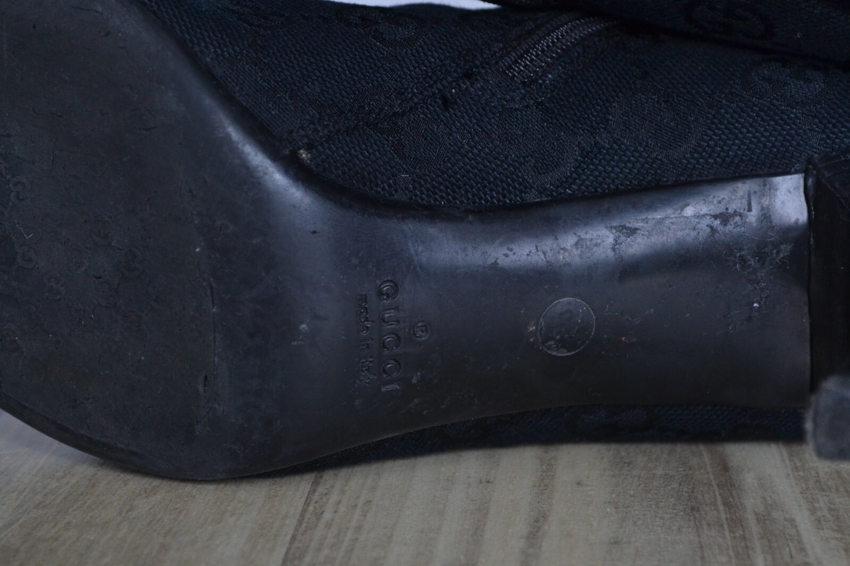 Vintage Womens GUCCI Heels Boots Black Monogram Shoes GG Logo Zip