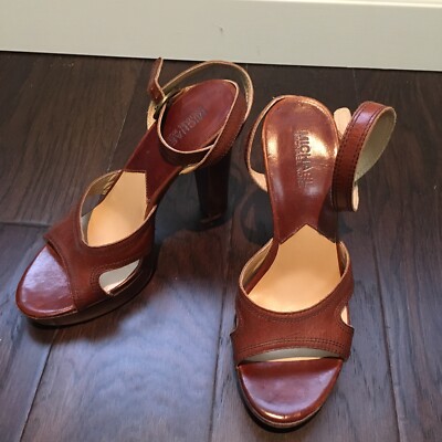 MICHAEL KORS Sandals Wood Platform Heels Brown Leather