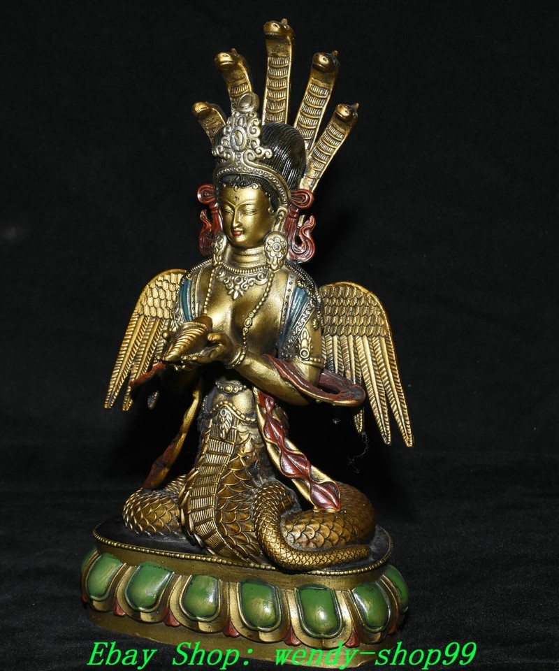 10" Old Tibetan Bronze Painting Gilt 5Heads Snake Naga Kanya Buddha