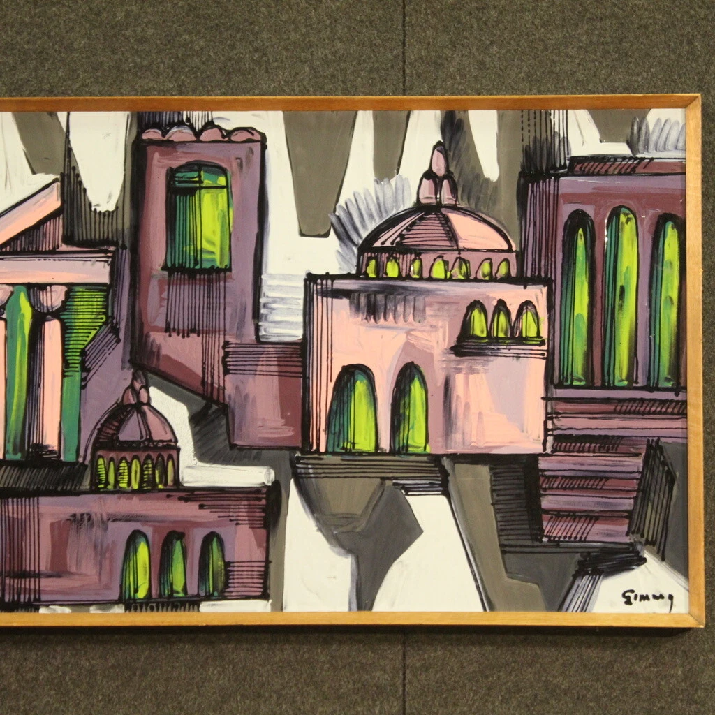 Cuadro firmado pintura paisaje ciudad vista arte moderno decoraciòn años 70