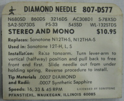 Pfanstiehl DIAMOND NEEDLE 807-DS77 Stereo & Mono Replaces Sonotone