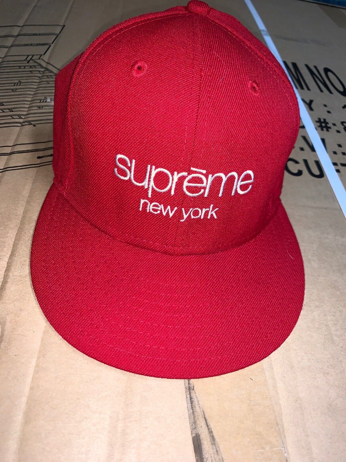 Supreme New Era Monogram Box Logo Fitted Hat 7 3/8 Red World Famous  Stitching